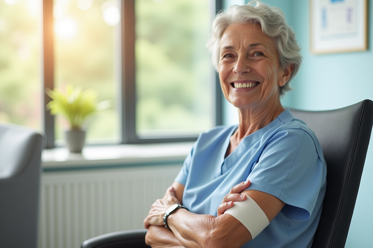 Femme senior souriante avec un pansement bras vaccination