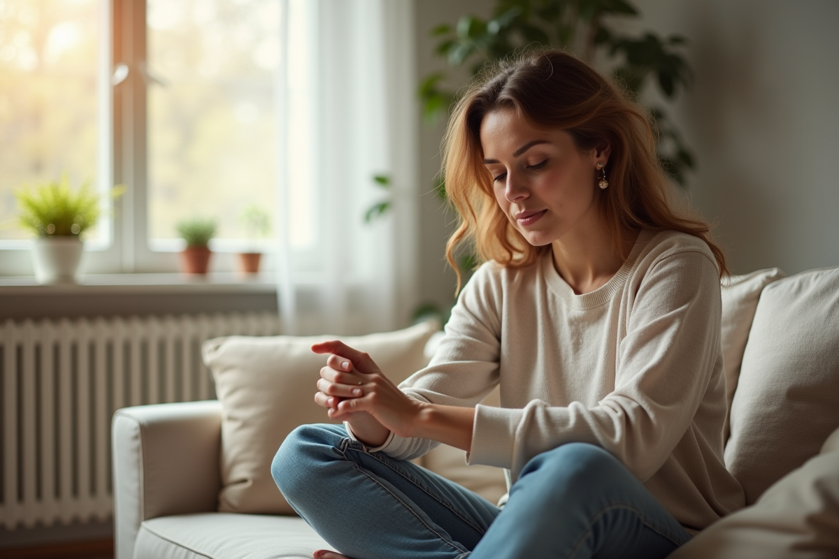 Femme calme assise en méditation dans un salon lumineux