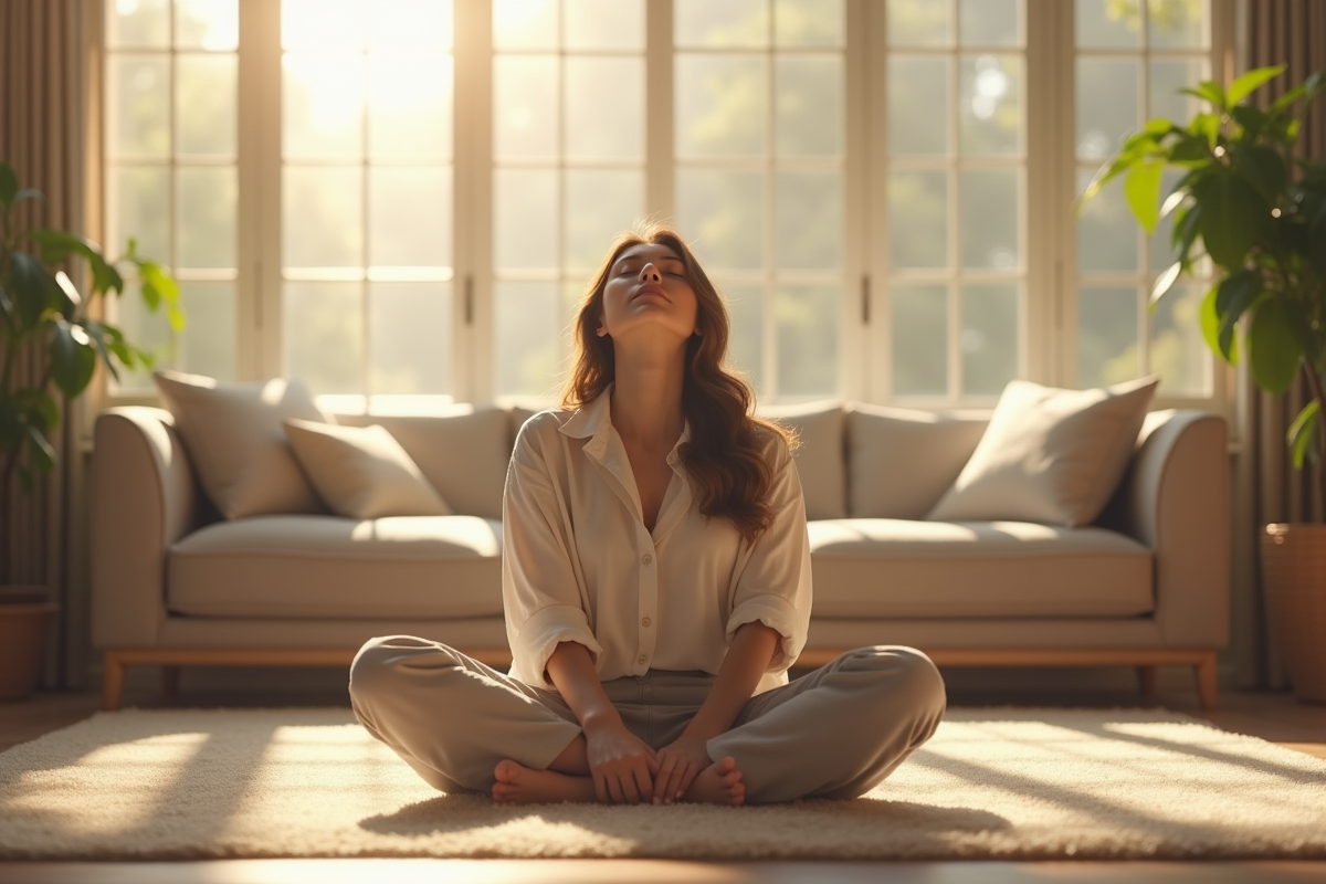 Jeune femme sereine assise en méditation dans un salon lumineux