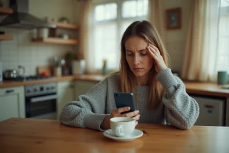 Femme seule regardant son téléphone avec une expression tendue, symbolisant la réflexion avant de couper un lien toxique