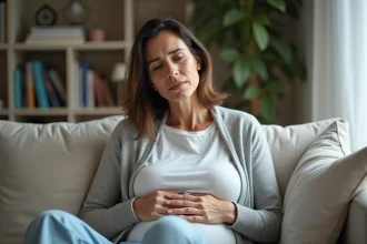 Femme d'âge moyen dans un salon moderne penseuse