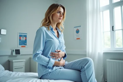 Femme pr&eacute;occup&eacute;e tenant son c&ocirc;t&eacute; droit en consultation m&eacute;dicale