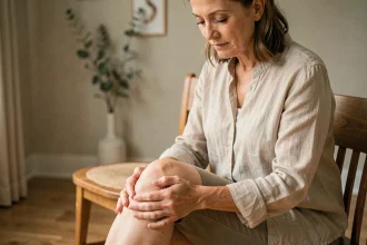 Femme d'une cinquantaine d'années massant son genou avec soulagement, illustrant les bienfaits d'un complément comme le Collanol sur les articulations