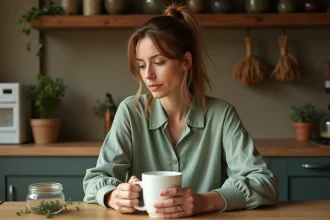 Femme tenant une tasse de tisane au thym dans une cuisine rustique en bois