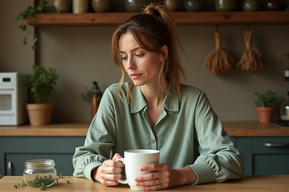 Femme tenant une tasse de tisane au thym dans une cuisine rustique en bois