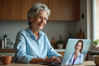 Femme en visioconference avec un médecin à la maison