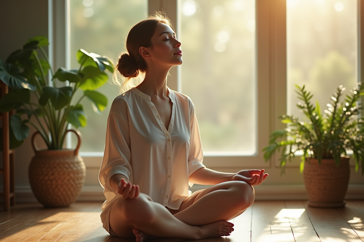 Femme calme assise en méditation dans une pièce lumineuse