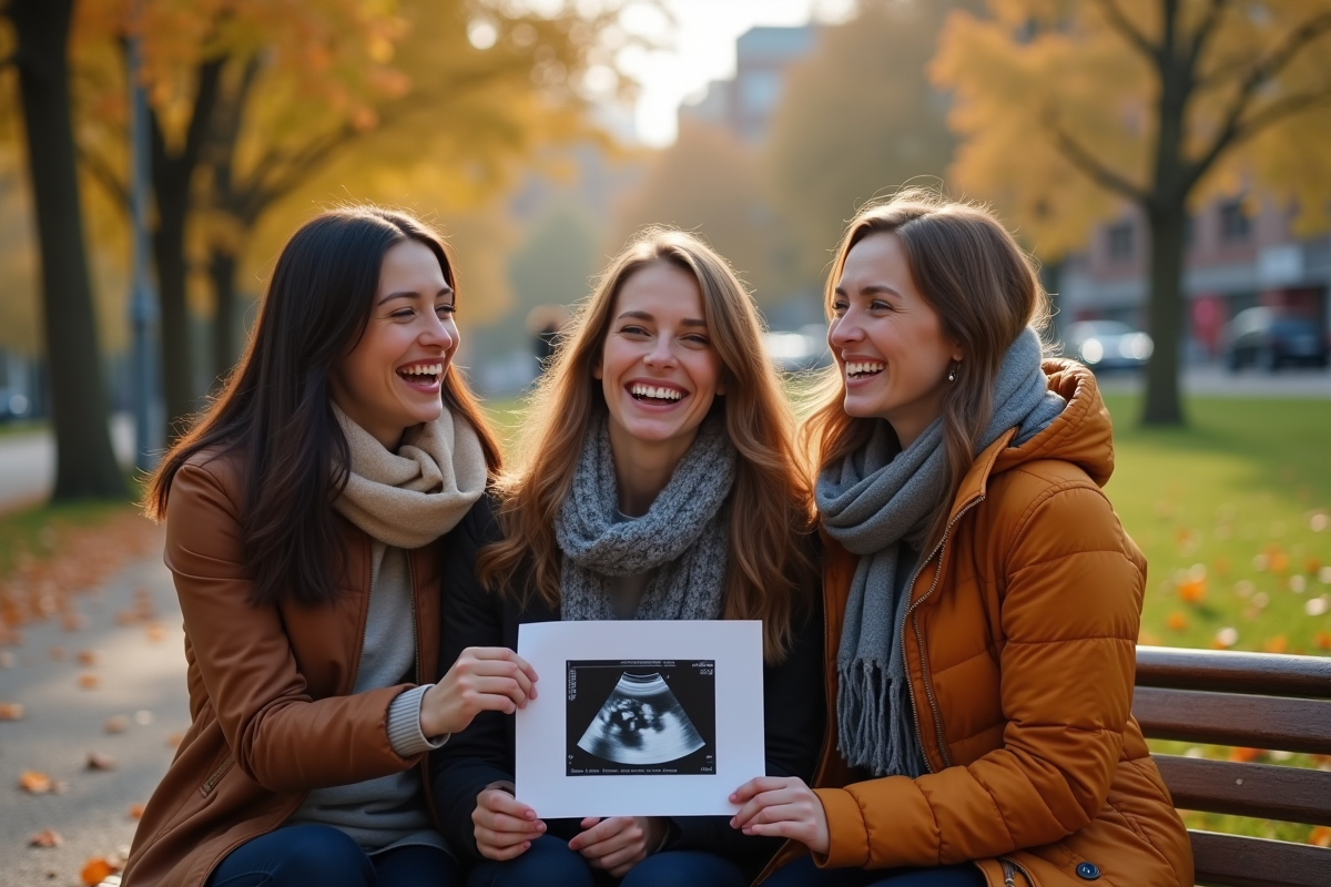 Trois femmes avec échographie dans un parc en automne