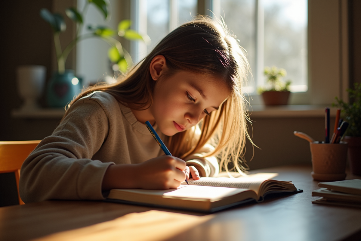 Jeune fille écrivant dans un journal au matin près d