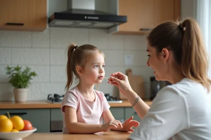 Jeune fille de 7 ans recevant un soin buccal par sa m&egrave;re