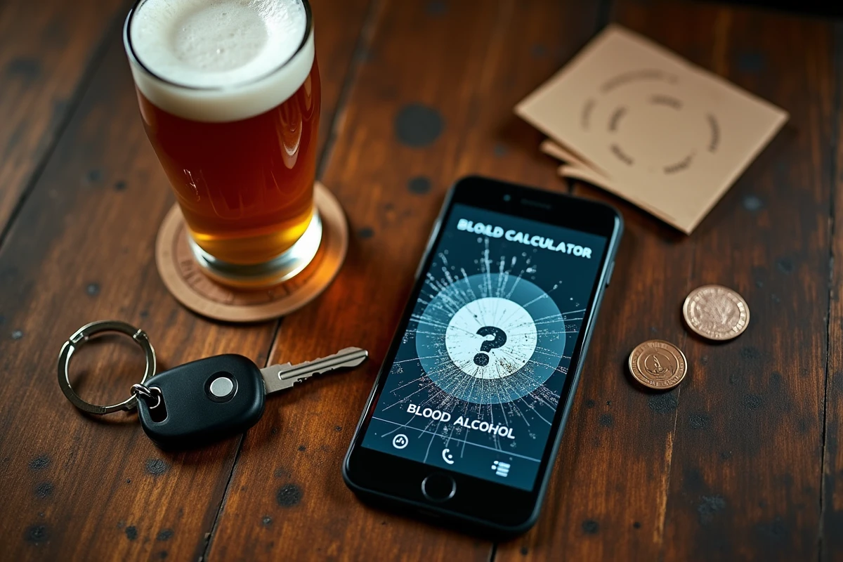 Vue en plongée d'un verre de bière, des clés de voiture et d'un simulateur d'alcoolémie sur comptoir de bar