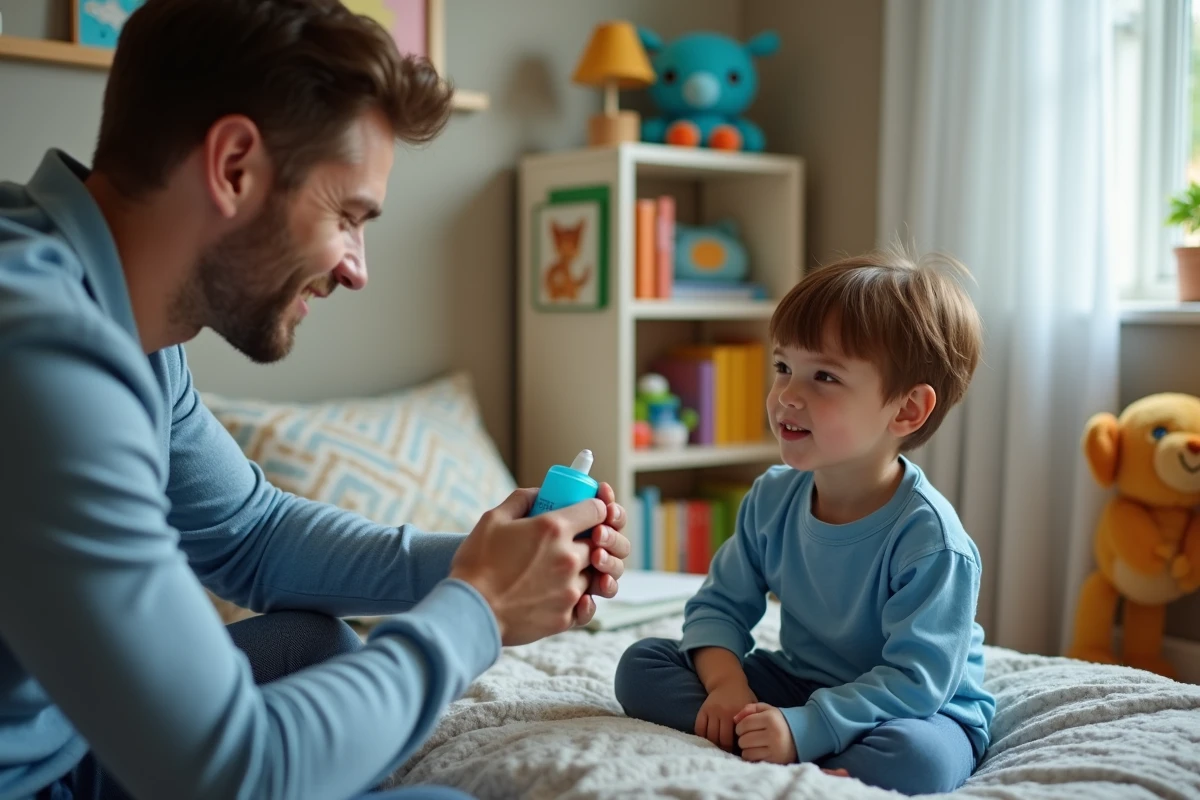 Garçon de 5 ans dans sa chambre avec son père pour soin dentaire