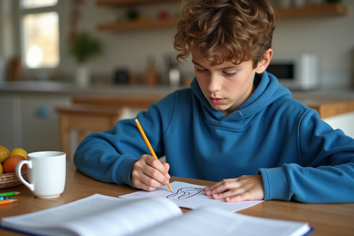 Adolescent étudiant un diagramme de dents dans la cuisine