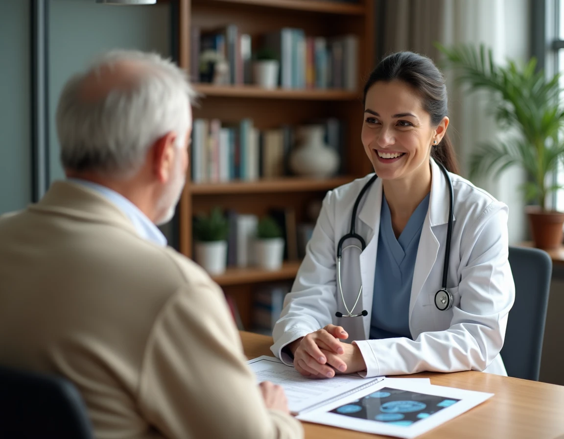 G&eacute;riatre en consultation avec un patient &acirc;g&eacute; discutant des r&eacute;sultats d'une IRM c&eacute;r&eacute;brale et d'hypersignaux li&eacute;s au vieillissement