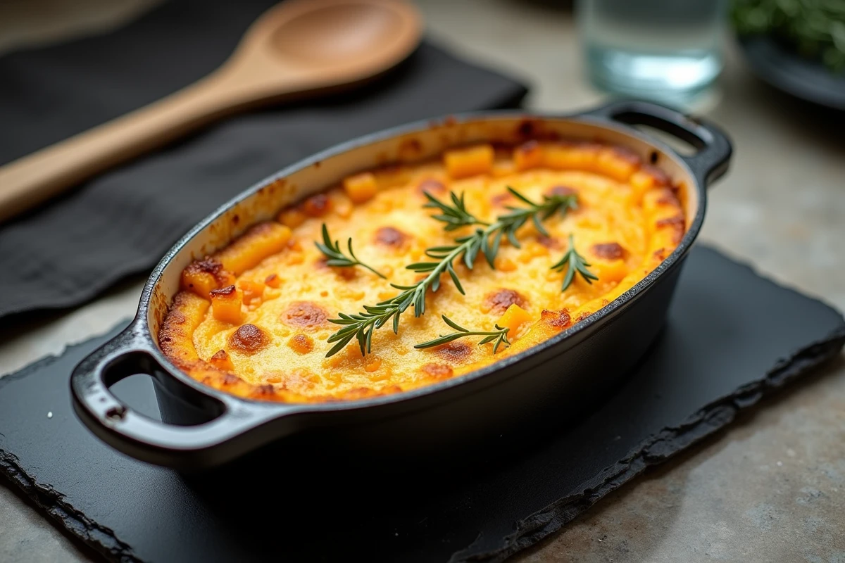 Gratin de butternut doré dans un plat en fonte émaillée servi sur une table minimaliste