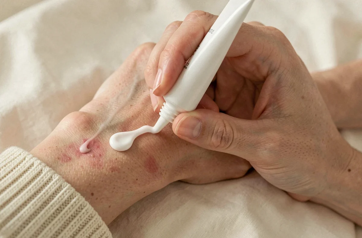 Gros plan sur des mains appliquant une crème Sterdex sur la peau irritée avant de dormir