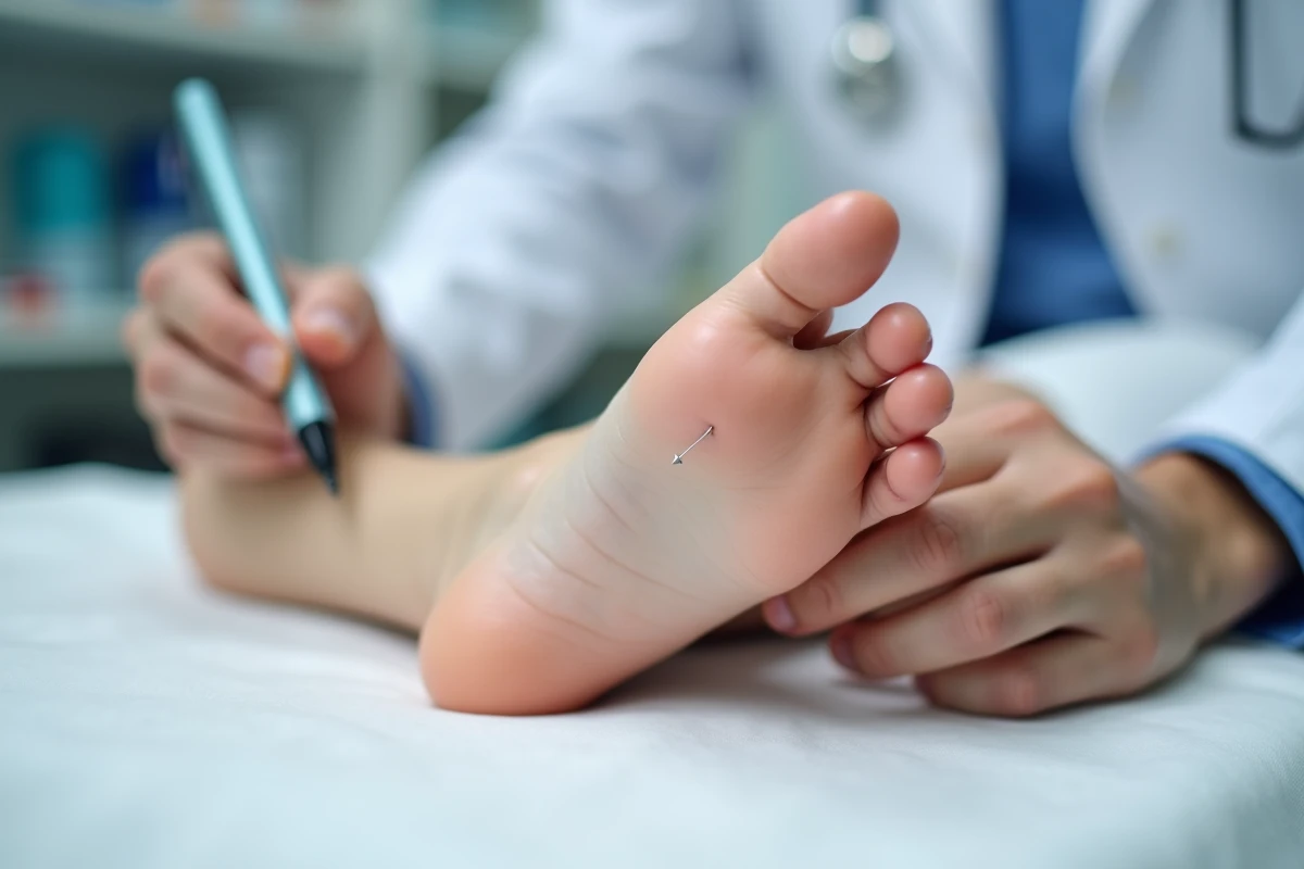 Gros plan sur le bord externe d'un pied posé sur une table d'examen médical, avec les mains d'un professionnel de santé indiquant la zone douloureuse du nerf sural ou d'une tendinite péronière