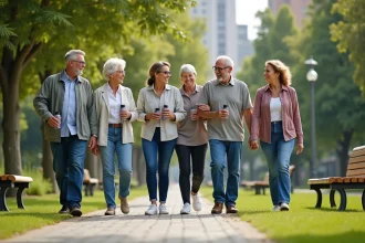 Groupe divers d'adultes et seniors dans un parc urbain