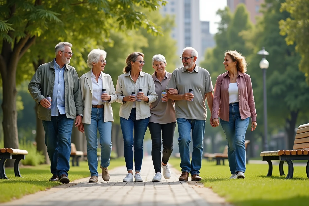 Groupe divers d'adultes et seniors dans un parc urbain