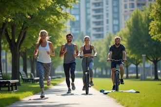 Groupe de quatre personnes faisant du sport dans un parc urbain