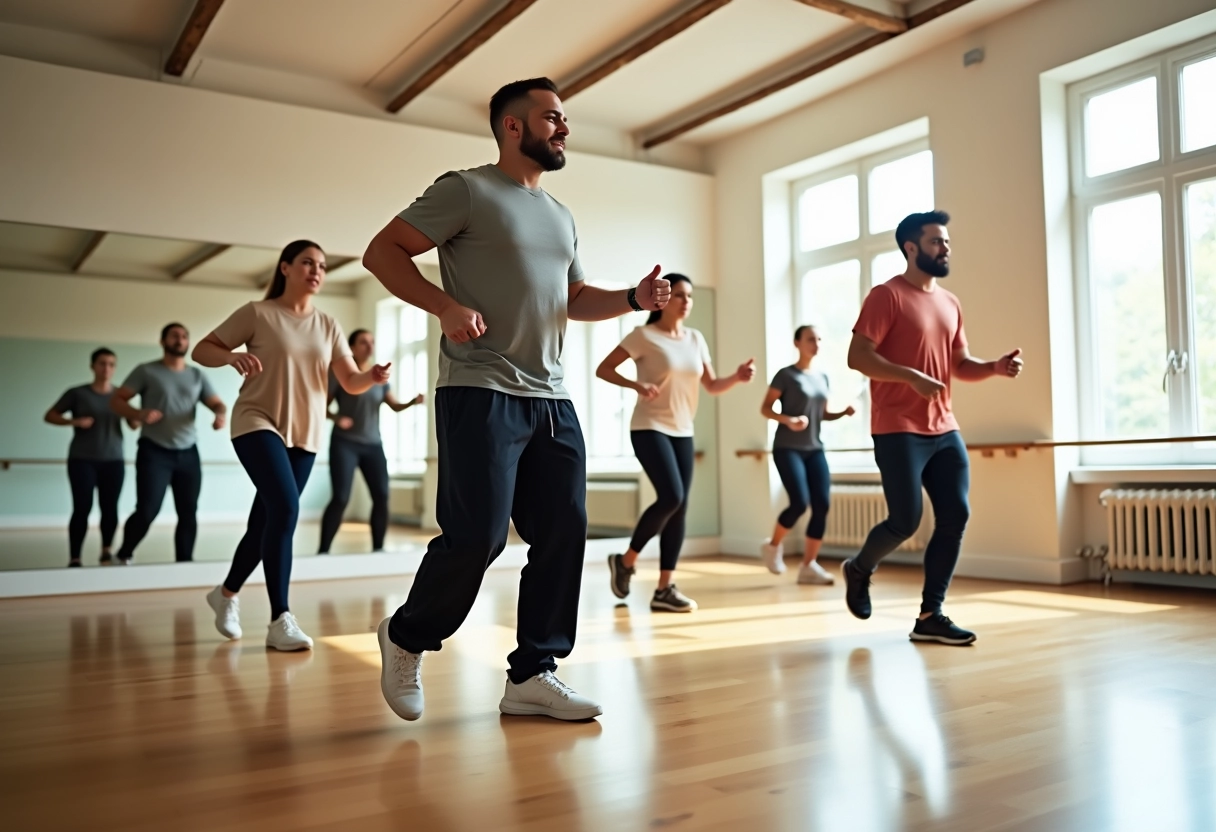 Groupe d adultes pratiquant la danse dans un studio lumineux