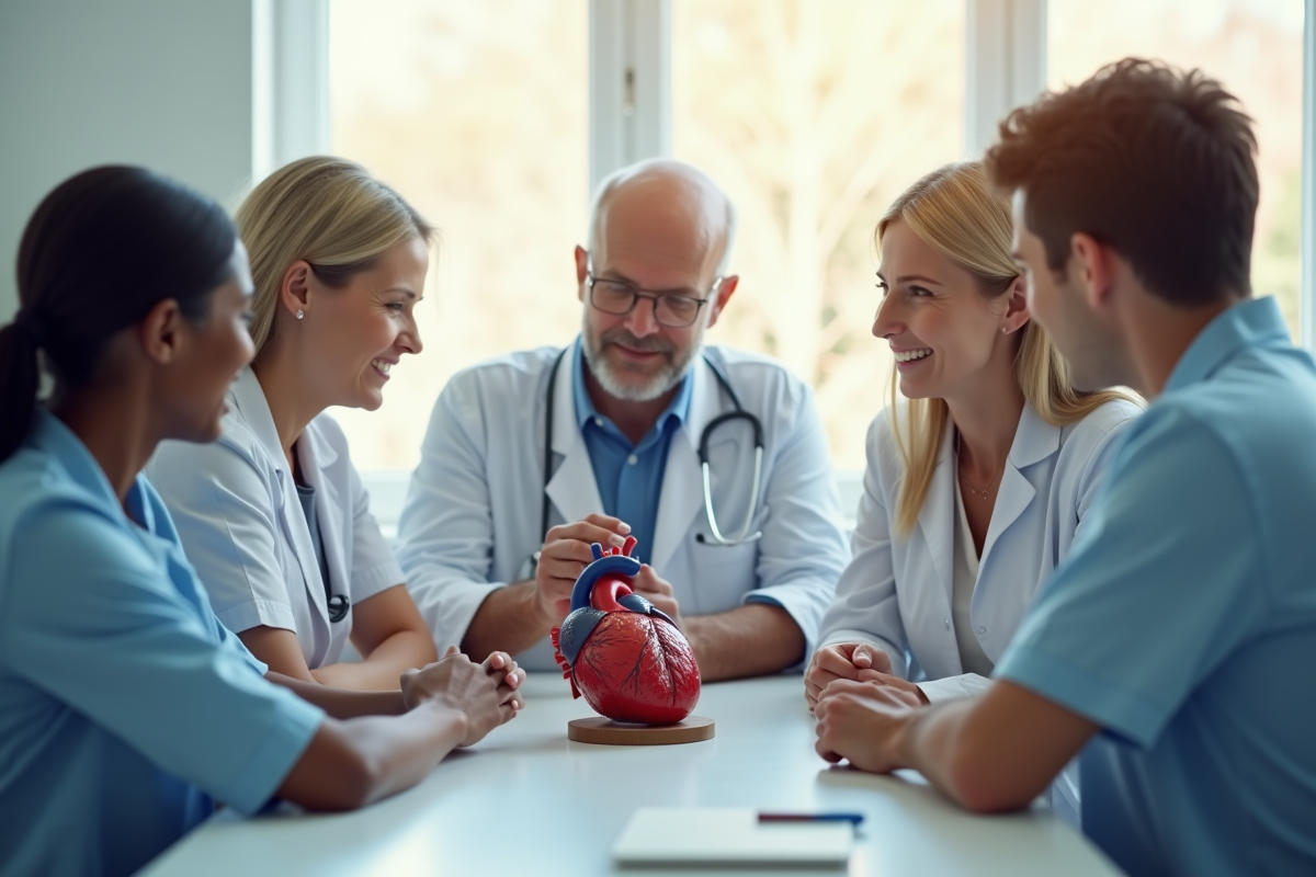 Groupe de personnes discutant d un modele de coeur en medecine