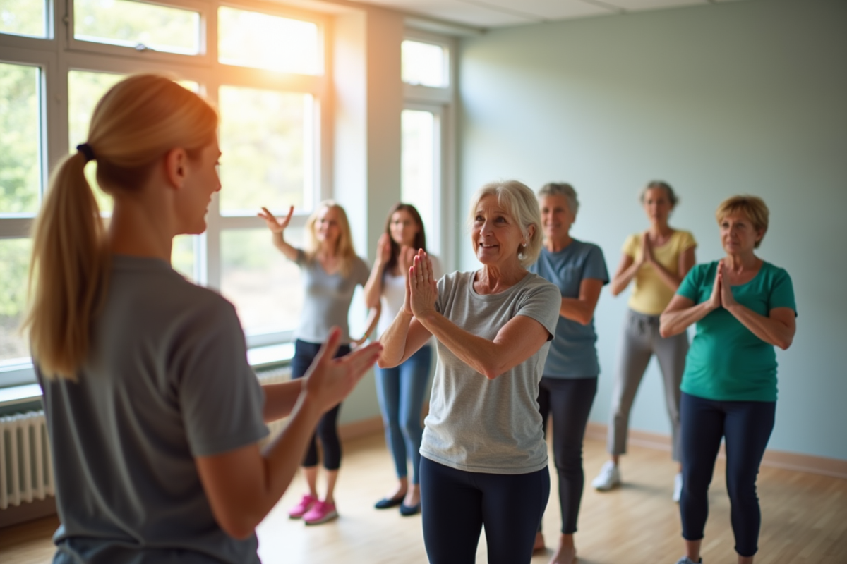 Groupe de seniors faisant de l'exercice en centre de rééducation