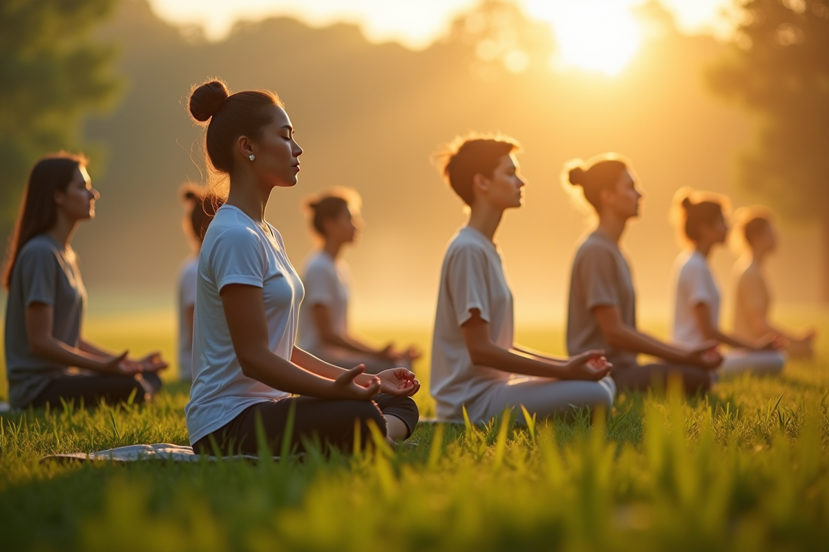 Groupe de personnes méditant en plein air au lever du soleil