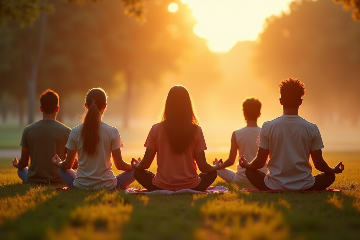 Groupe divers pratiquant la méditation dans un parc au lever du soleil