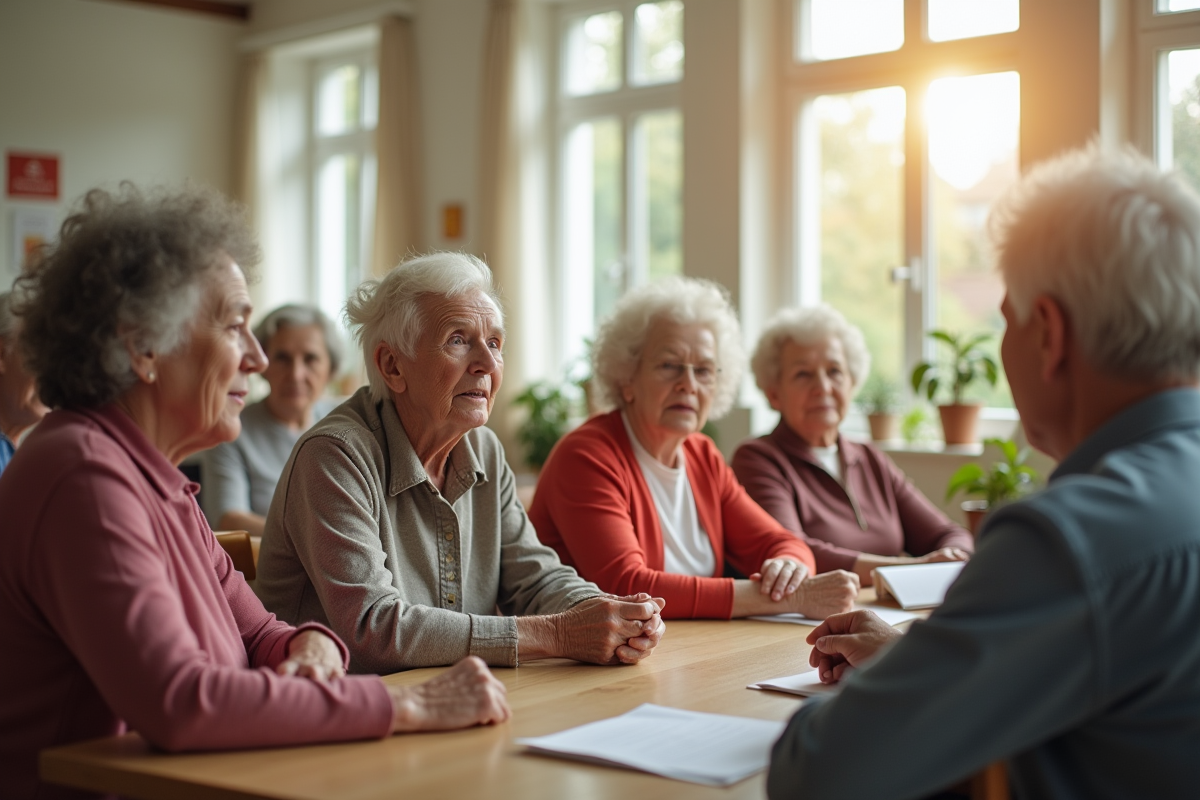 Groupe de seniors discutant dans un centre communautaire lumineux