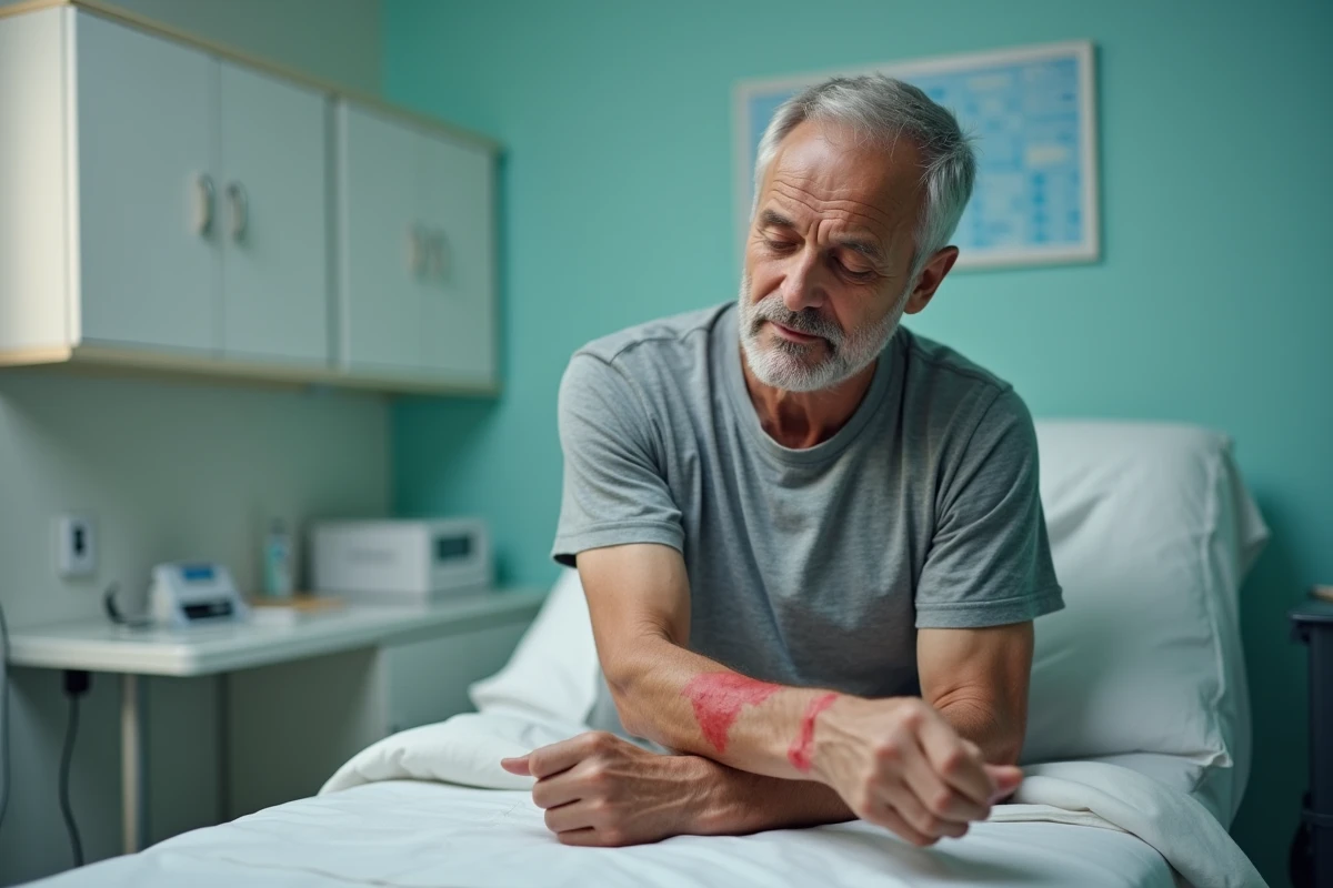Homme âgé en milieu hospitalier observant des plaques rouges sur son bras, symbolisant les démangeaisons chroniques associées à certains cancers