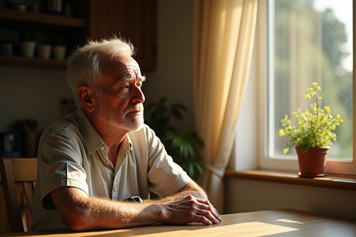 Homme âgé seul à la table de cuisine ensoleillée