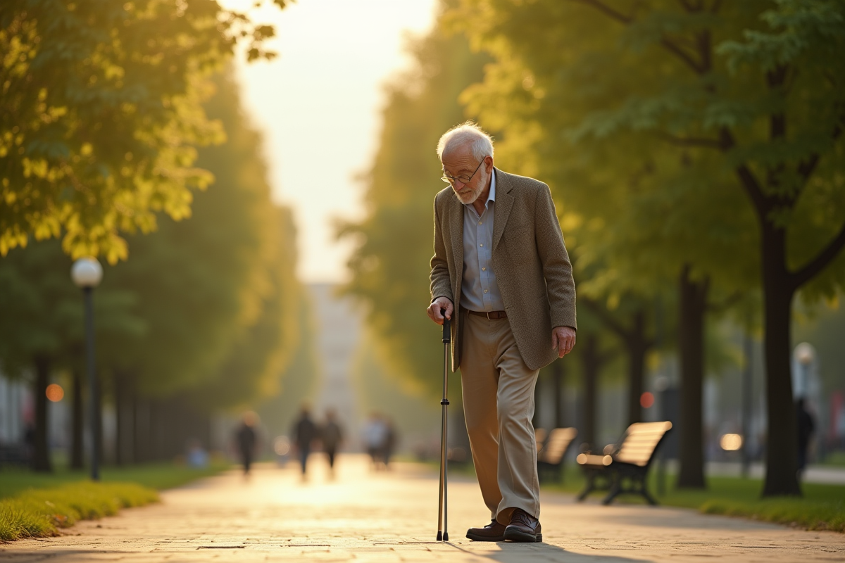 Homme agee marchant seul dans un parc en ville ensoleille