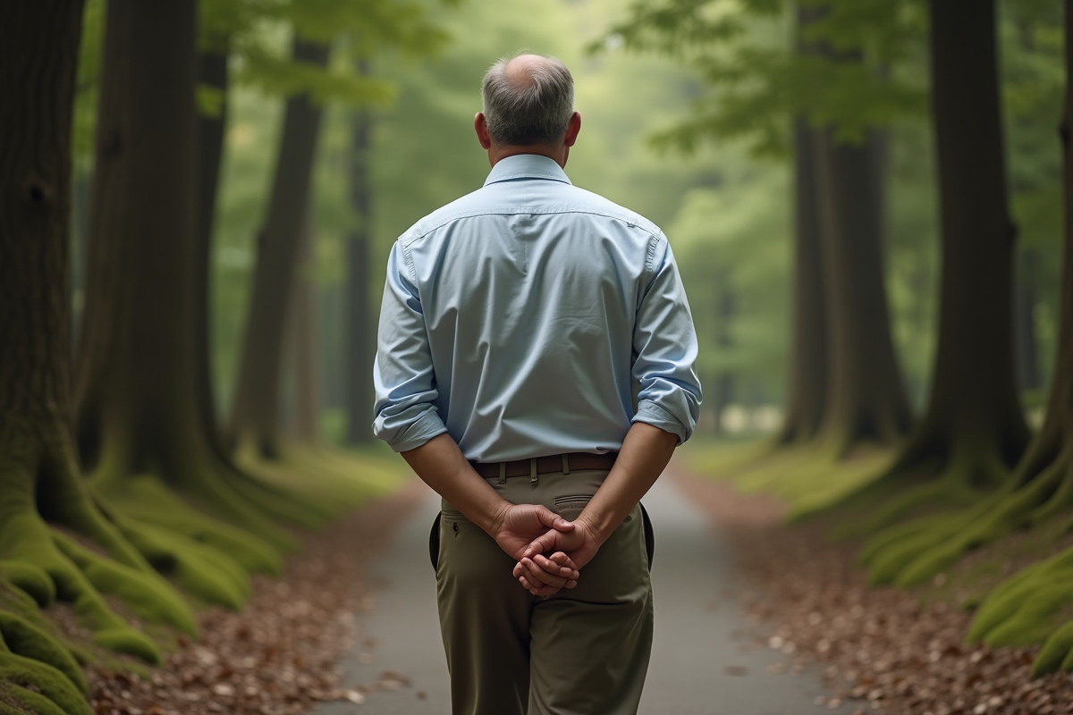 Homme marche dans la forêt calme et paisible