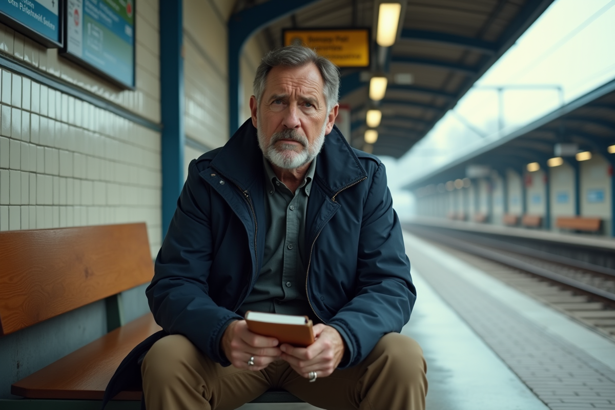 Homme assis dans une gare urbaine avec carnet