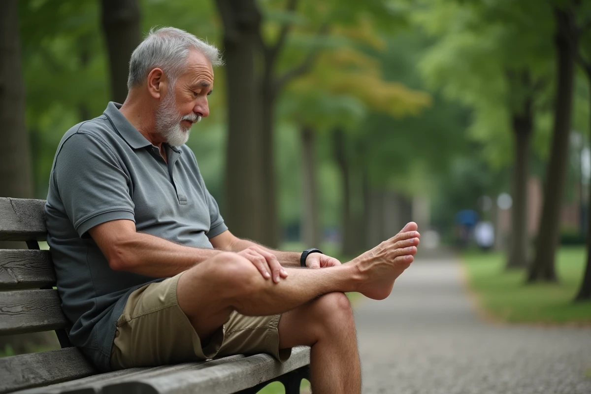 Homme inspectant la sensation de chaleur sur le dessus du pied assis dans un parc