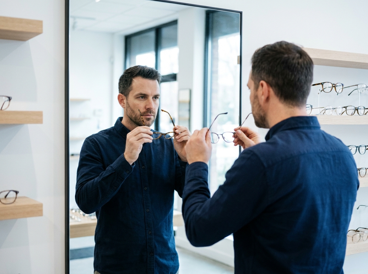 Homme comparant deux montures de lunettes devant un miroir dans une boutique d'optique contemporaine