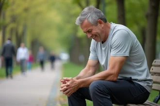 Homme âgé assis sur un banc tenant sa jambe douloureuse, symptôme possible d'artères bouchées ou de crampe musculaire