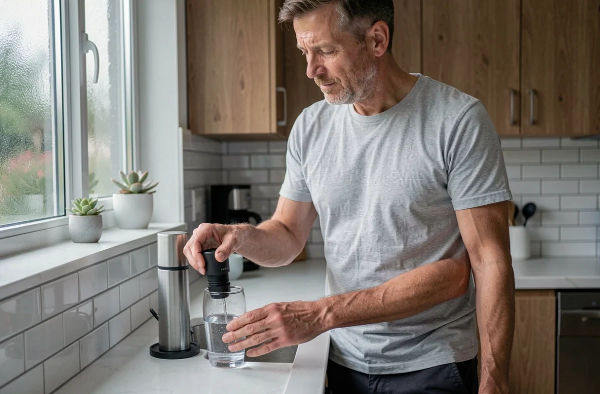 Homme remplissant un verre d'eau filtrée avec un filtre à minéraux pour préserver la santé des reins