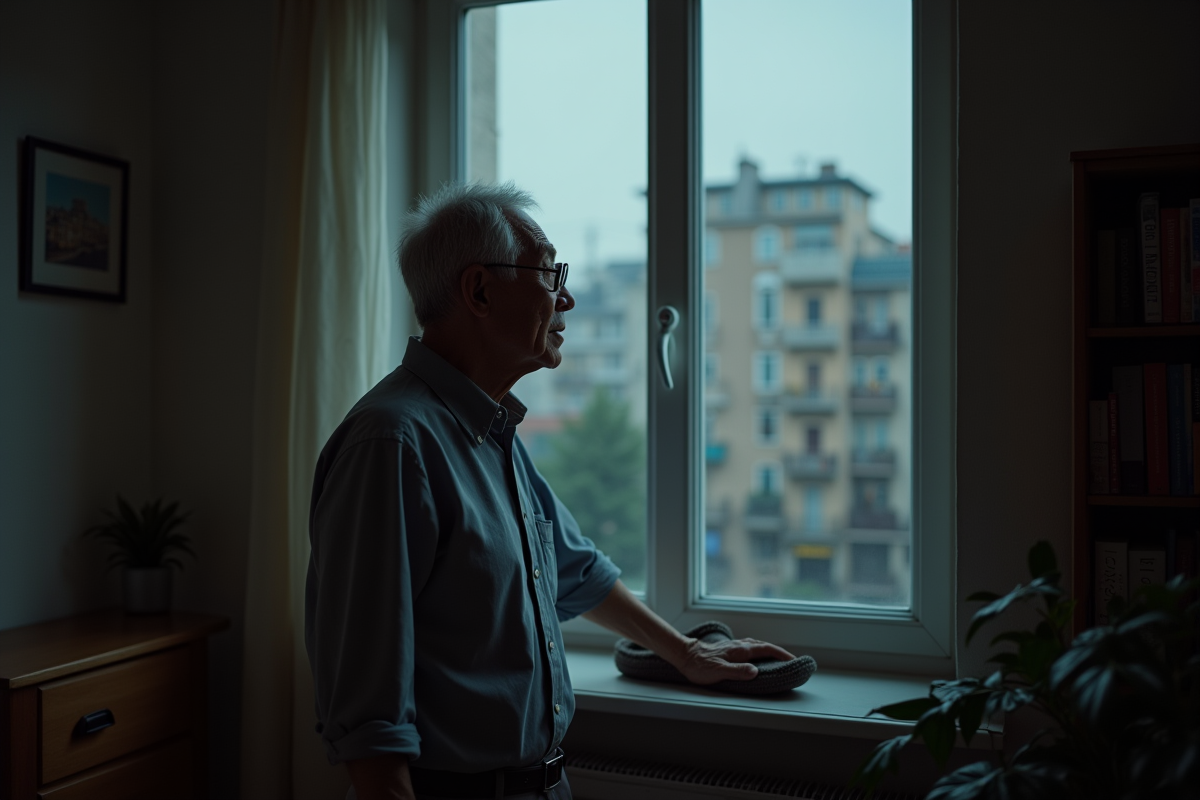 Homme âgé regardant par la fenêtre dans un appartement