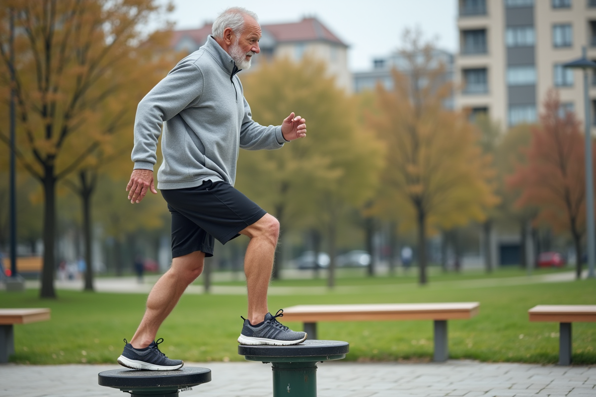 Homme âgé faisant un exercice sur une plateforme en parc