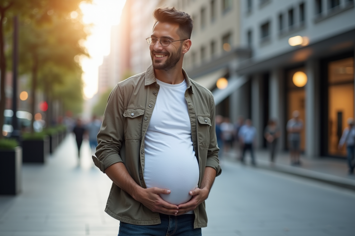 Homme confiant enceinte dans la ville en journée