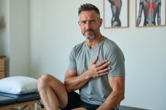Homme tenant son épaule douloureuse lors d'une consultation en kinésithérapie pour une fissure du tendon supra épineux