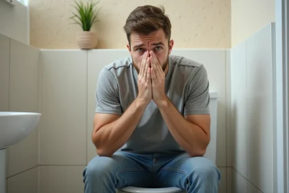 Homme inquiet assis sur un WC dans une salle de bain moderne