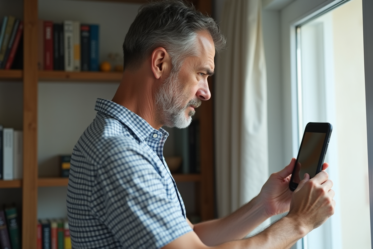 Homme utilisant un miroir pour examiner une tache sur son épaule
