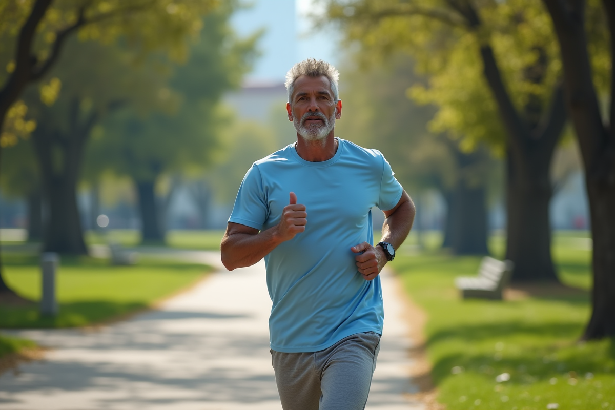 Homme courant dans un parc urbain en pleine nature