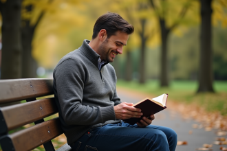 Homme d'âge moyen lisant dans un parc automnal
