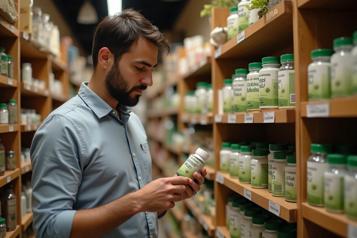 Homme lit une bouteille de Guggul dans une boutique bio