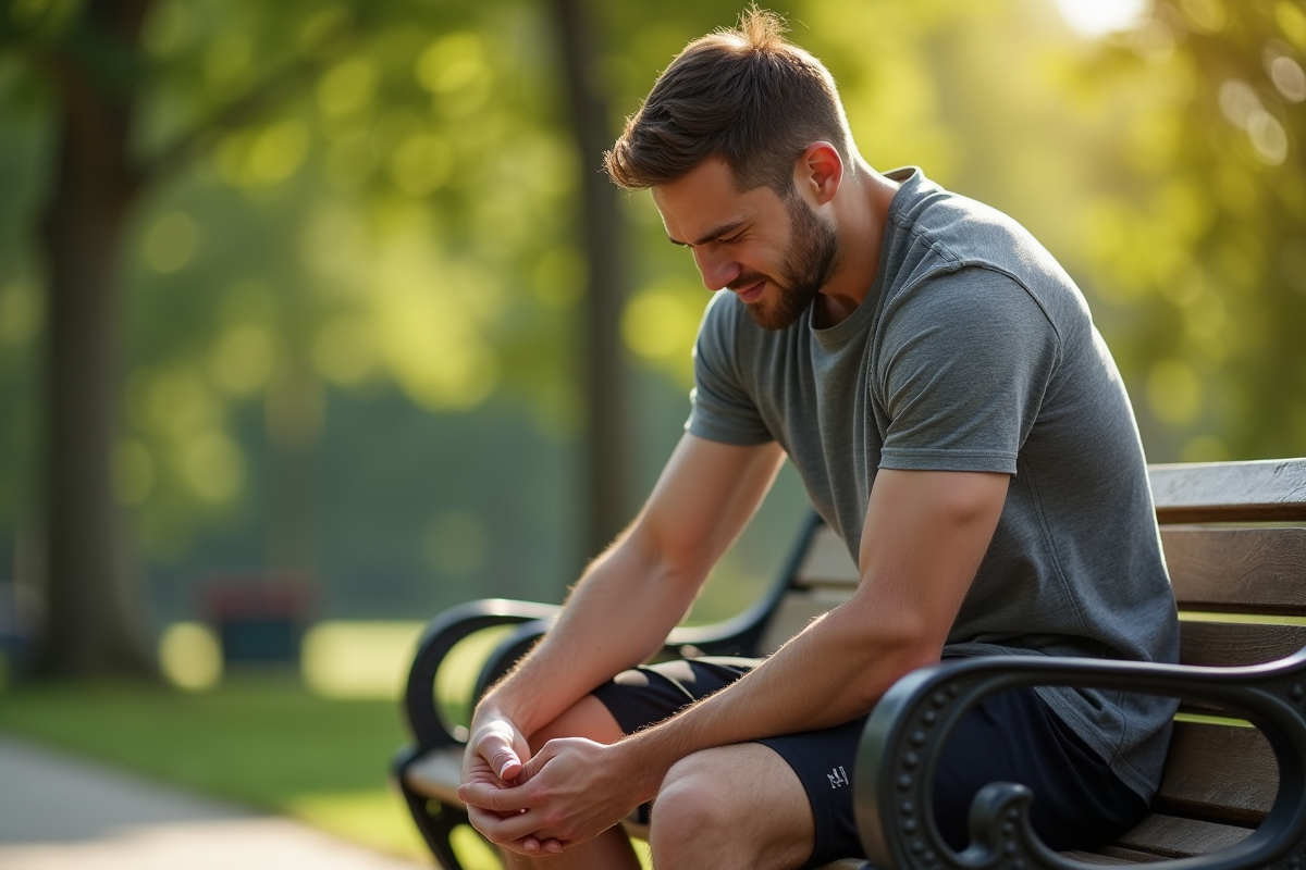 Homme assis sur un banc de parc se massant la cuisse