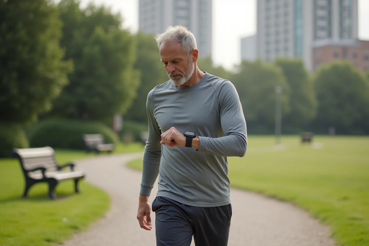 Homme en marche dans un parc vérifiant son application fitness